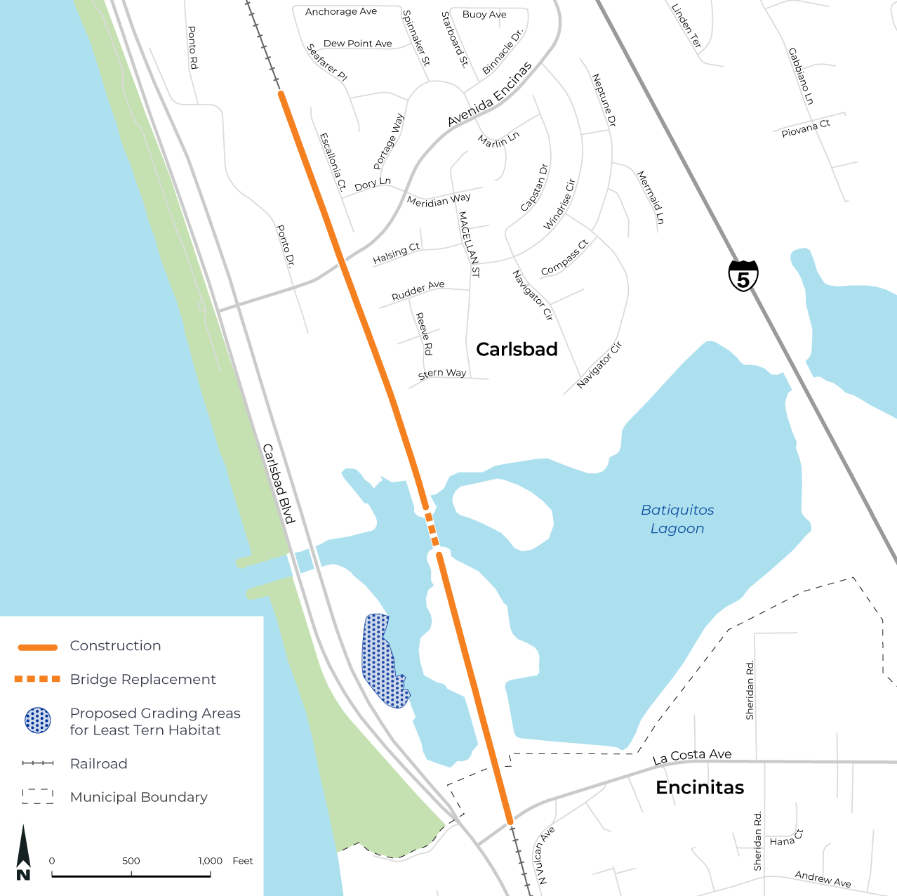 Map of the Batiquitos Lagoon in the City of Carlsbad, with the City of Encinitas in the south. Construction line show on the railroad tracks in the north and south of the lagoon, with bridge replacement where the tracks go over the lagoon. Proposed grading areas for Least Tern habitat shown on the west side of the construction area, just south of the bridge replacement area.