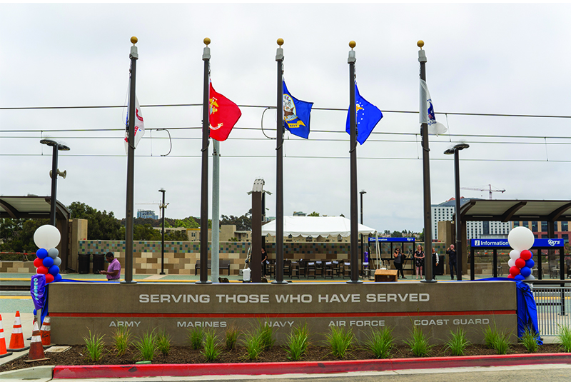 The VA Medical Center Trolley Station incorporates several features that pay tribute to those who have served, including flags representing the five U.S. Military branches. (June 23, 2021)
