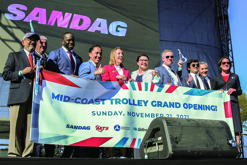Pictured from left to right: Consul General of Mexico Carlos González Gutiérrez, SANDAG CEO Hasan Ikhrata, Caltrans Director Toks Omishakin, SANDAG Vice Chair and San Diego Mayor Todd Gloria, SANDAG Chair and Encinitas Mayor Catherine Blakespear, MTS Vice Chair/SANDAG Second Vice Chair and National City Mayor Alejandra Sotelo-Solis, Congressman Scott Peters, UC San Diego Associated Students President Manu Agni, Congressman Juan Vargas, and MTS CEO Sharon Cooney