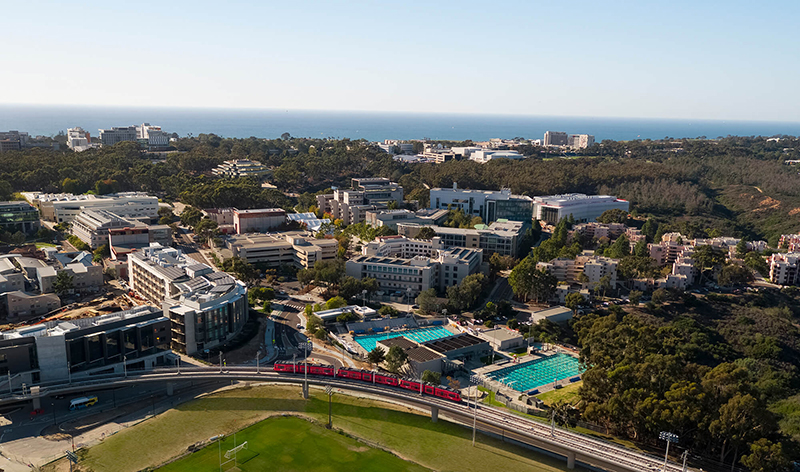 Aerial view of MTS Blue Line Trolley riding through the UC San Diego campus on elevated tracks.