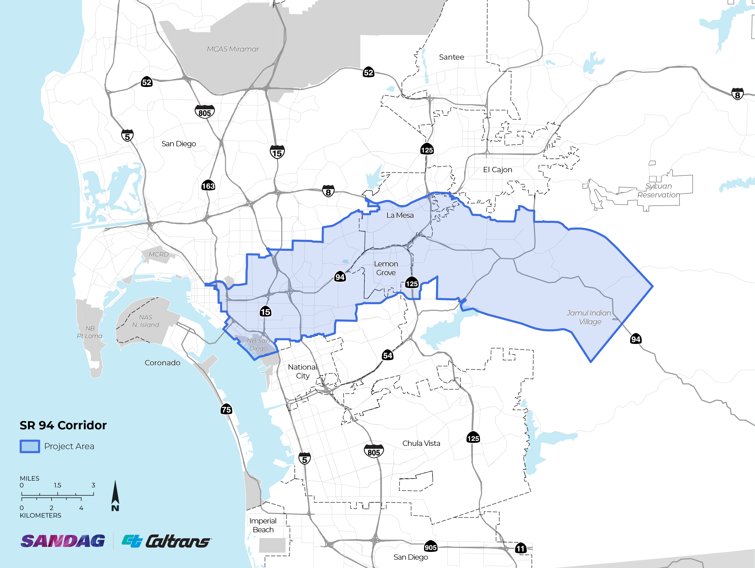 SR 94 corridor map highlighting the project area that runs west to east along the SR 94 up until near Jamul Indian Village in the east. The study area expands out as far north as parts of I-8 near SR 125 and some areas running south.