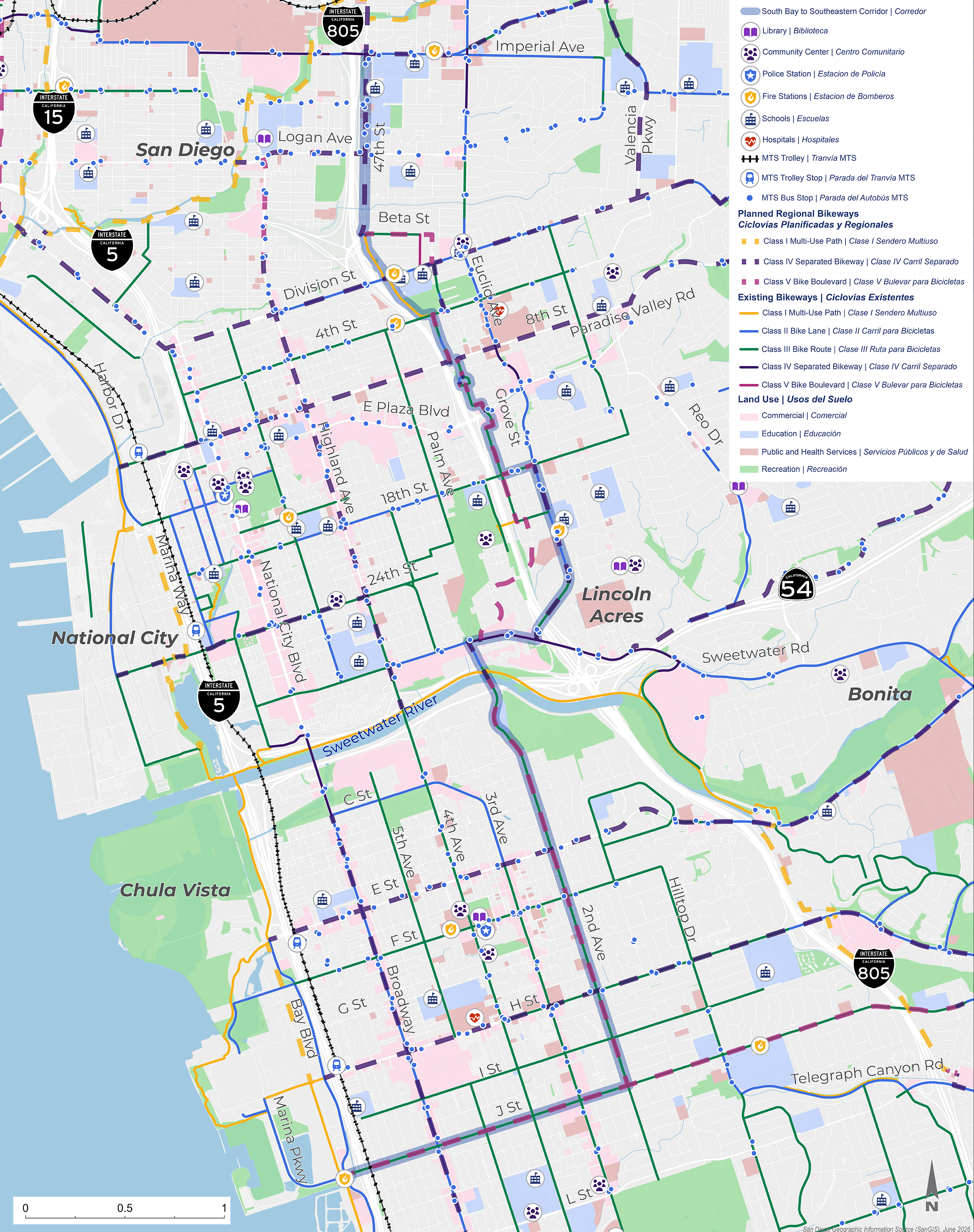 Project map for the South Bay to Southeastern Complete Streets project showing locations of community resources, land use, bike lanes, and a blue line over the corridor starting at I-5 and J Street in Chula Vista, turning north onto 2nd Avenue, then east onto Sweetwater Road, north onto Euclid Avenue, west on 18th Street, and north parallel to I-805 up to Imperial Avenue.
