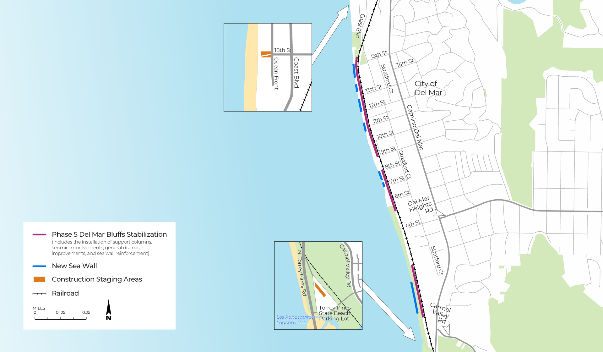 Multi-colored lines depicting the Phase 5 Del Mar Bluffs Stabilization, new sea wall, and construction staging areas spanning 1.7 miles along the Del Mar coast from Coast Boulevard to N. Torrey Pines Road bridge.