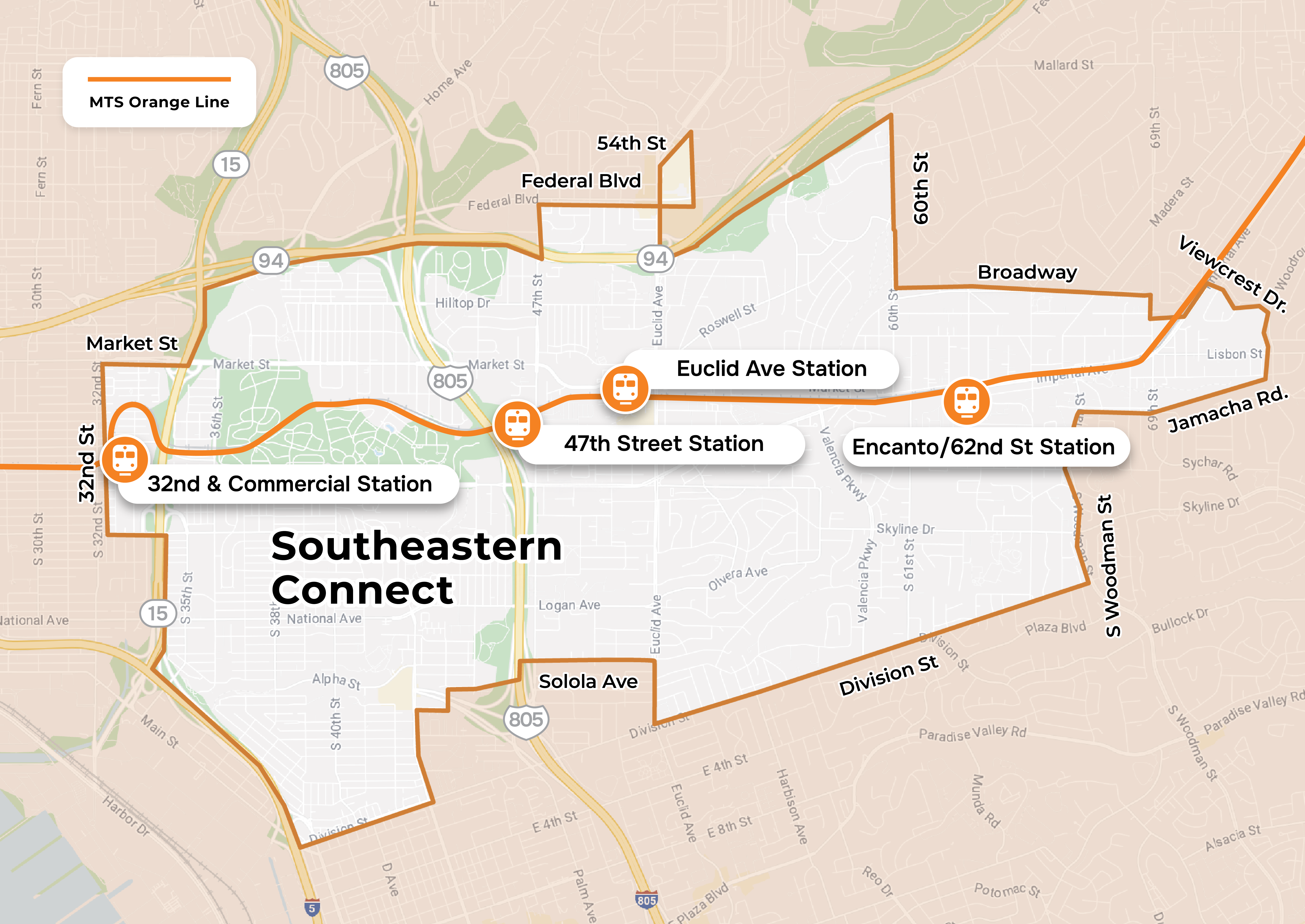 Southeastern San Diego Microtransit service area map showing the area within the boundaries of south of the 94 freeway, east of the I-15, north of Imperial Avenue and west of 60th street.
