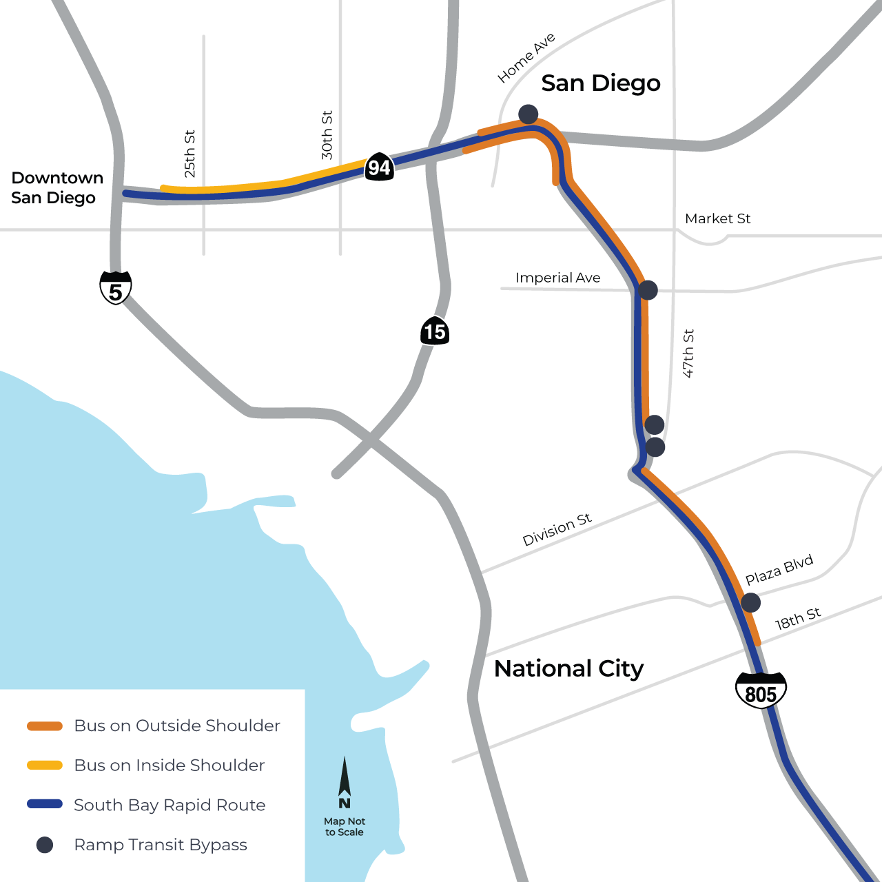 A map of San Diego and National City showing the freeways on which South Bay Rapid buses can operate on the shoulder. A dark blue line on SR 94 and I-805 shows the South Bay Rapid route. An orange line on SR 94 West and red lines on I-805 North and SR 94 East shows where the bus is allowed to use the shoulder.