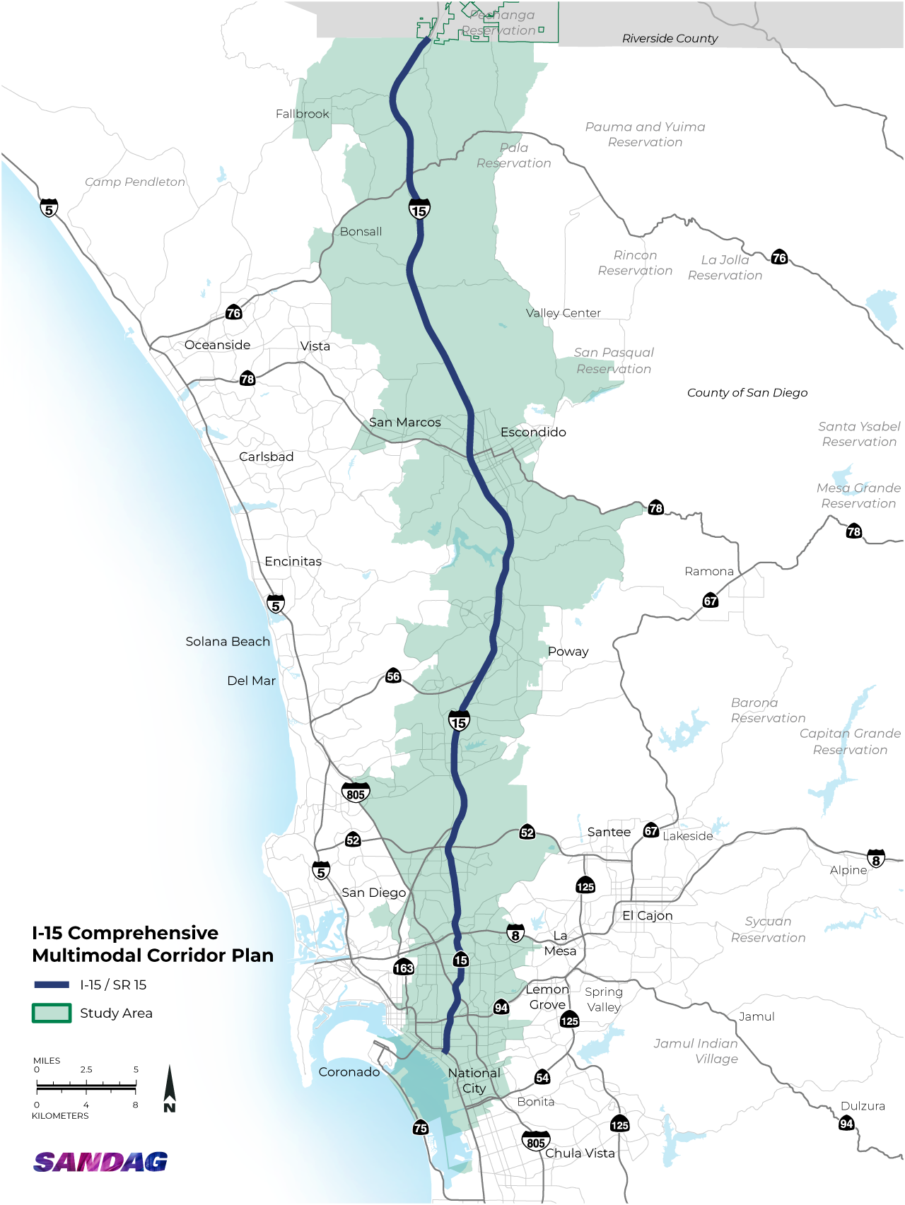 Map showing County of San Diego highlighting the I-15 / SR 15 and the surrounding study areas, mainly west and east, and some parts south where the freeway ends in Barrio Logan.