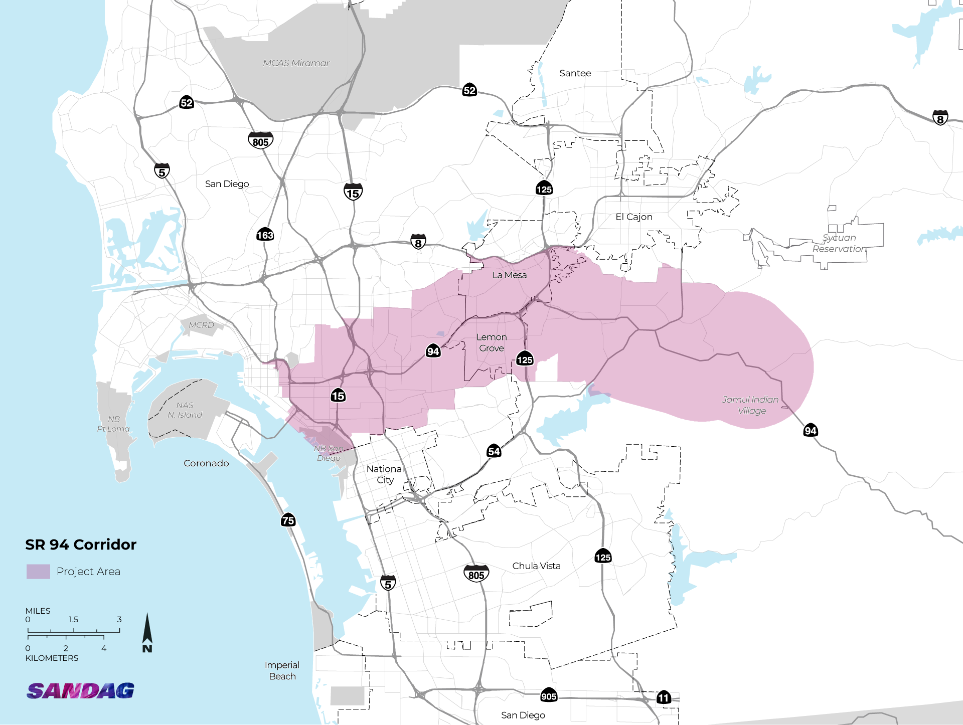 SR 94 corridor map highlighting the project area that runs west to east along the SR 94 up until near Jamul Indian Village in the east. The study area expands out as far north as parts of I-8 near SR 125 and some areas running south.