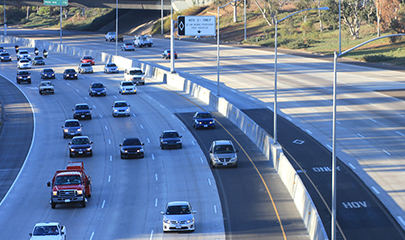 Aerial view of the I-805 traffic looking south at the north end of the HOV lanes near SR 94.