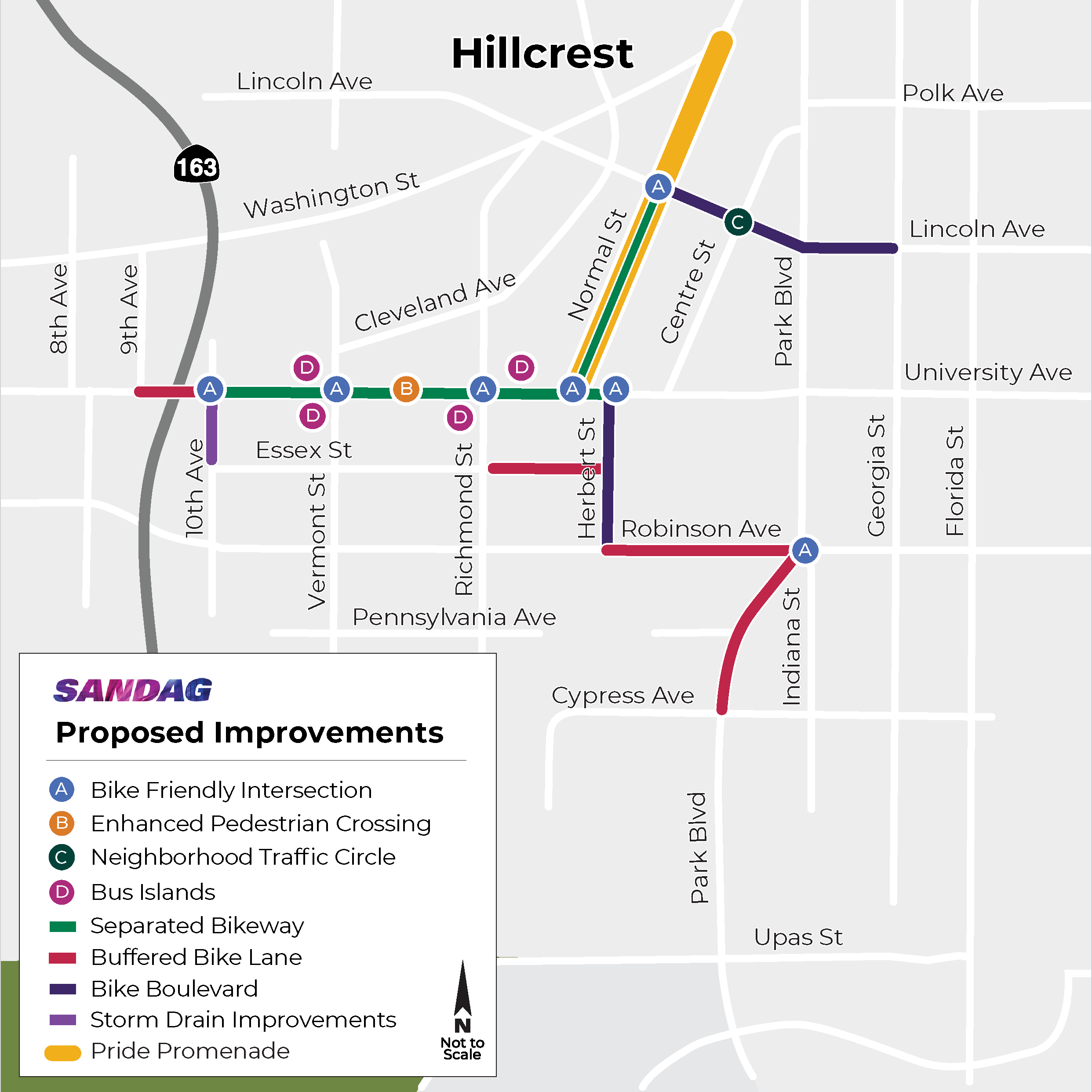 Eastern Hillcrest Bikeway features map showing bike-friendly intersections in seven locations, bus islands in four locations, an enhanced pedestrian crossing on University Ave between Vermont and Richmond streets, a new neighborhood traffic circle at the intersection of Lincoln Ave and Centre Street, a separated bikeway on University Ave from 10th Ave to Herbert Street and on Normal Street from University Ave to Lincoln Ave, buffered bike lanes on University Ave between 9th and 10th Ave, on Essex Street between Richmond and Herbert streets, on Robinson Ave between Herbert and Indiana streets, and on Park Blvd from Robinson to Cypress avenues, bike boulevards on Lincoln Ave from Normal Street to Georgia Street and on Herbert Street between University and Robinson avenues, storm drain improvements on 10th Ave between University Ave and Essex Street, and Normal Street Promenade on Normal Street between University Ave and Washington Street.