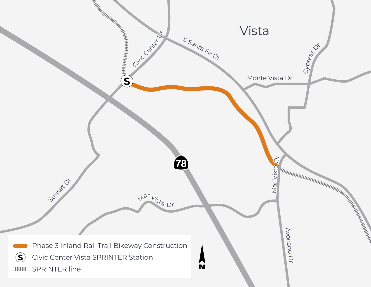 Inland Rail Trail Bikeway Phase 3 Construction map showing one mile of construction from Mar Vista Drive in the south, to Civic Center Drive in the north, ending right at the Civic Center Vista SPRINTER Station. The SPRINTER line continues up the north and south side of the 1 mile construction area.