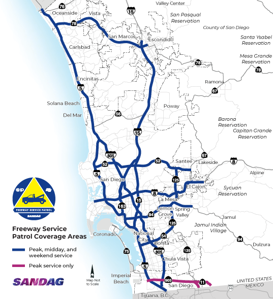 Freeway Service Patrol coverage area map showing peak, midday and weekend service on majority of San Diego freeways. Peak service is only on the 905/11 freeway.