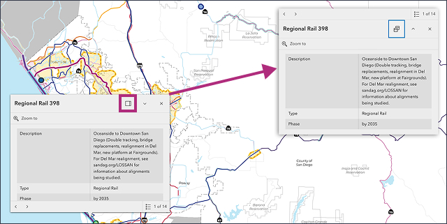 Map selection pop-up window shows icon for docking the window in the right hand corner to reveal more of the map.