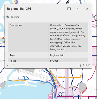 Line on map is selected showing a pop-up window with project description.