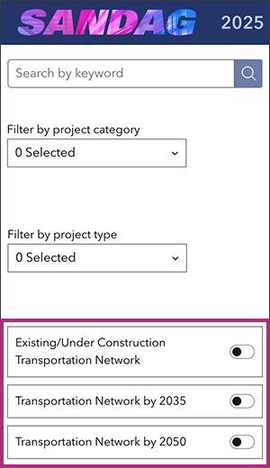 Toggle items for existing and under construction transportation network showing current, completed, and in-process projects, what’s expected by 2035, and what’s expected by 2050.