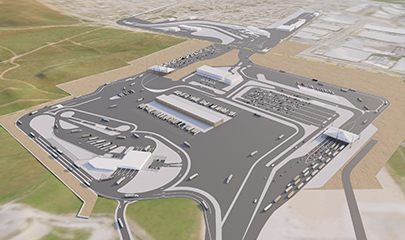 Aerial view rendering of the Otay Mesa East Port of Entry from the northwest. The rendering shows the entire facility including roads leading in and out of the gated area, parking and different building structures.