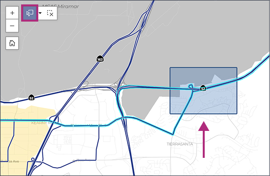 Rectangle selection tool is used on an area around the State Route 52 highway. Selection is shown with a highlighted cyan color.