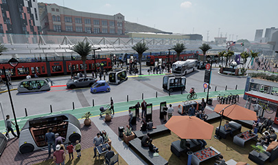 Rendering of the San Ysidro Transit Station showing all modes of transportation including the San Diego trolley, bike, pedestrian and autonomous vehicles. Within this space, there are places where people can sit with small tables or open and umbrella-shaded benches.