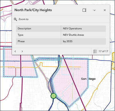 Line on map is selected highlighting an area with a pop-window showing project description.