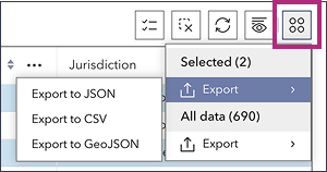 Export map or selected item data by clicking on the four circles icon labeled Actions.