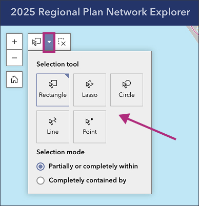 Additional selection tools menu includes rectangle, lasso, circle, line, and point. Selection modes include partially or completely within, or completely contained by.