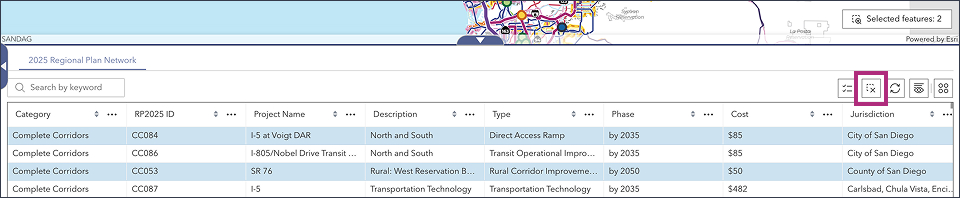 Clear selections in the table by clicking on the icon with the dotted square and X labeled clear selection.