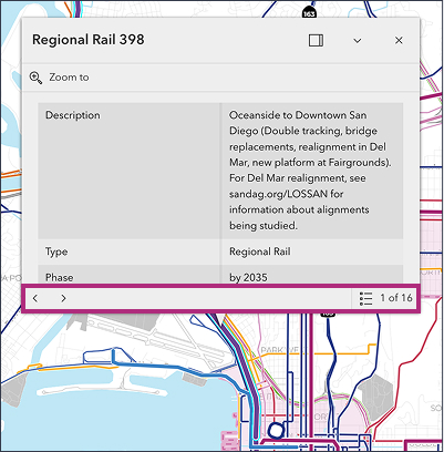 A line on the map is selected with a pop-up window showing project information. The bottom navigation bar shows how many projects are selected and can be cycled through using the back or forward arrow icons.