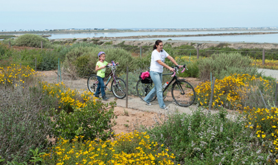 A middle-aged mom and her young daughter is walking their bikes along the Bayshore Bikeway that surrounds the San Diego Bay on a sunny afternoon.
