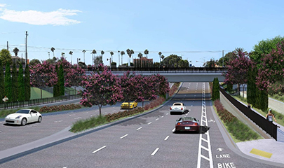 Rendering of the Palomar Street Grade Separation project looking west. The after picture shows traffic going in both directions with a bridge above and a walking ramp on both sides of the bridge.