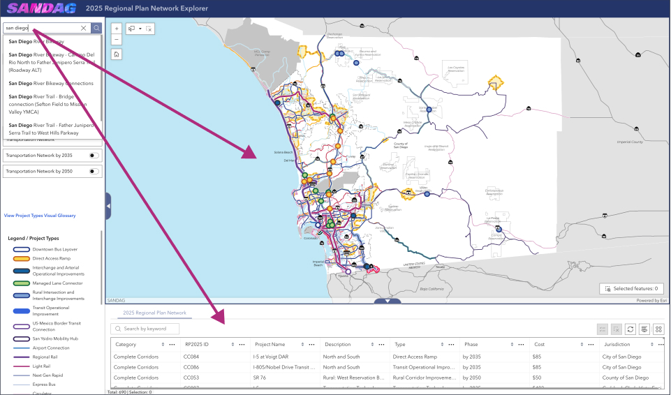 Search field is showing results in the map and table area.
